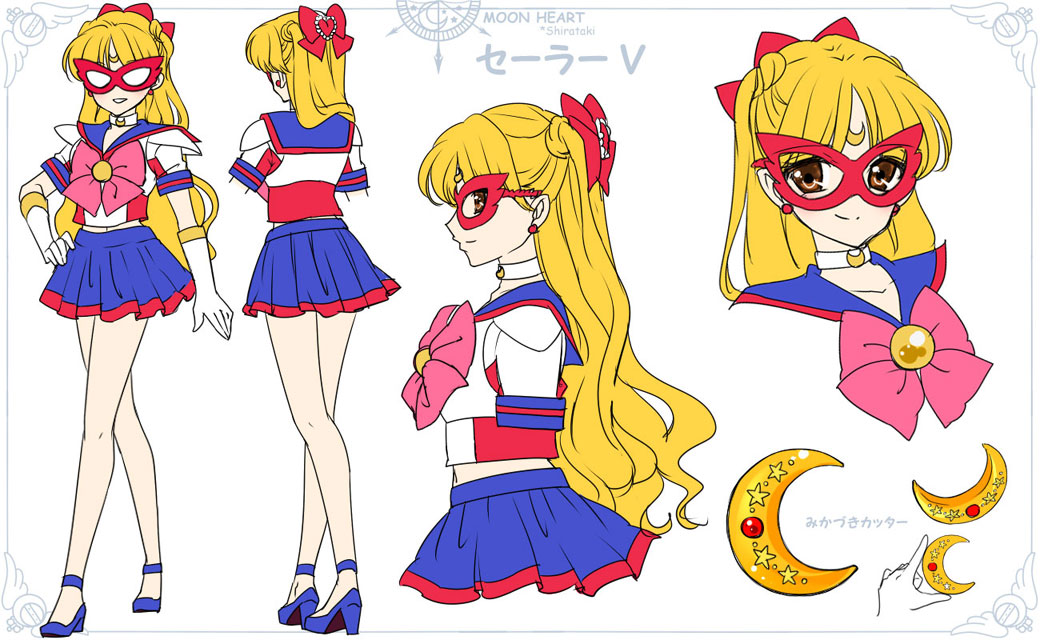 1girl aino_minako alternate_eye_color artist_name bishoujo_senshi_sailor_moon blonde_hair blue_footwear blue_sailor_collar blue_skirt bow brooch brown_eyes character_name reference_sheet choker crescent crescent_facial_mark elbow_gloves facial_mark full_body gloves hair_bow half_updo jewelry long_hair looking_at_viewer magical_girl mask multiple_persona multiple_views pink_bow pleated_skirt pretty_guardian_sailor_moon profile red_bow sailor_collar sailor_v shirataki_kaiseki shoes skirt smile standing two_side_up white_background white_choker white_gloves