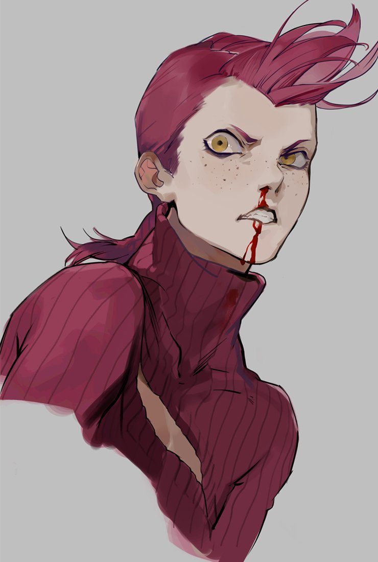 1boy blood blood_on_face clothing_cutout freckles jojo_no_kimyou_na_bouken looking_at_viewer male_focus mullet nineo nosebleed pink_hair pink_shirt sharp_teeth shirt simple_background sneer spiked_hair teeth turtleneck upper_body vento_aureo vinegar_doppio white_background yellow_eyes