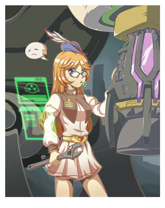 1girl black-framed_eyewear blue_hat border breasts brown_collar brown_eyes brown_hair clover cokeboy collar commentary commission cowboy_shot english_commentary four-leaf_clover game_master_(ragnarok_online) glasses gold_belt hat holding holding_wrench holographic_interface juliet_sleeves long_hair long_sleeves looking_at_viewer mecha medium_breasts plume puffy_sleeves ragnarok_online robot shirt skirt skirt_set solo white_border white_shirt white_skirt wrench