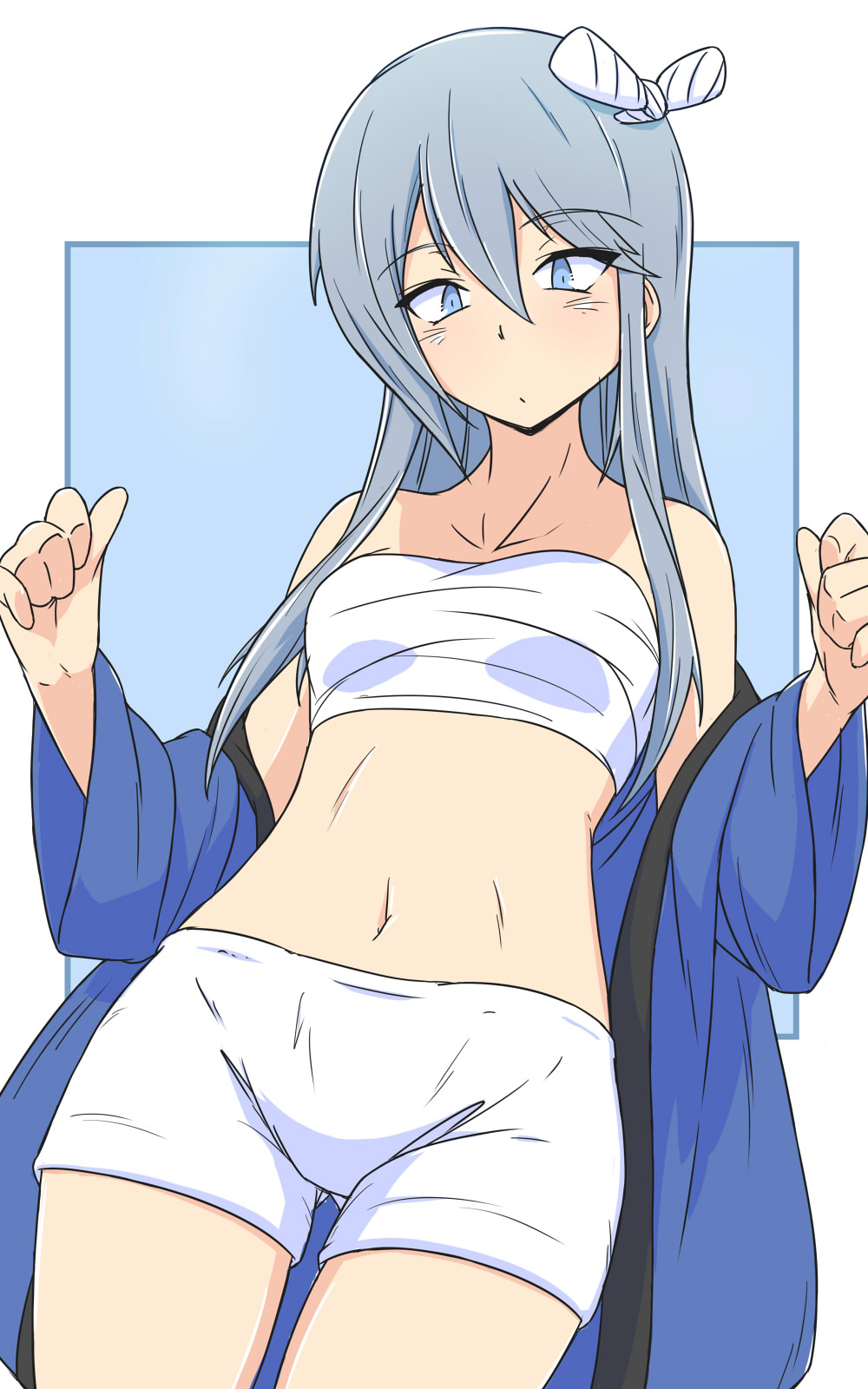 1girl alternate_costume blue_background blue_happi blue_jacket chest_sarashi closed_mouth commentary cowboy_shot flint_(girls_und_panzer) girls_und_panzer hair_ribbon hanten_(clothes) highres jacket light_frown looking_at_viewer navel off_shoulder open_clothes open_jacket renshiu ribbon sarashi shoes short_shorts shorts solo standing white_shoes