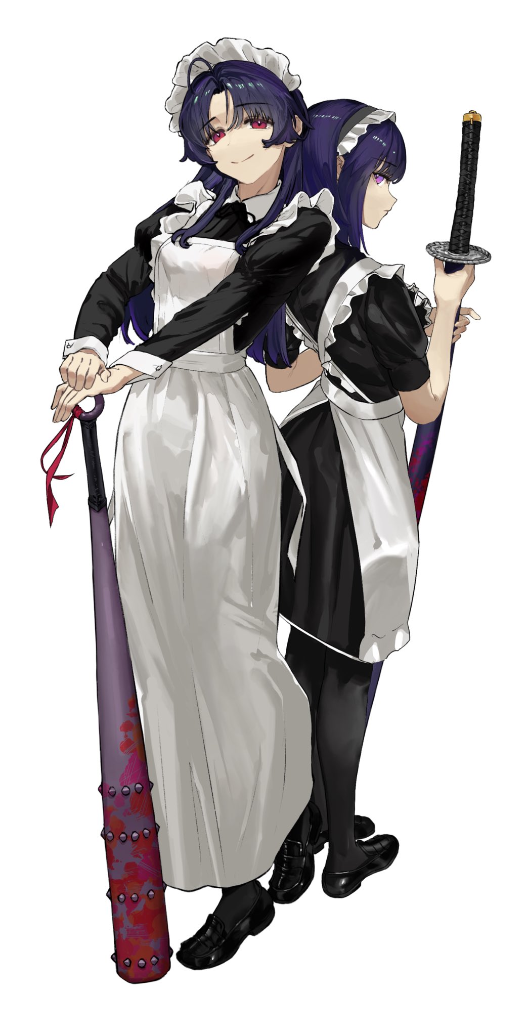2girls apron black_dress black_footwear black_pantyhose blood bloody_weapon blue_hair blunt_bangs club_(weapon) dress frilled_dress frills highres holding holding_sword holding_weapon katana long_dress long_hair looking_at_viewer looking_back maid maid_apron maid_headdress medium_dress multiple_girls original pantyhose parted_bangs red_eyes sawatani_(_swt2) sheath sheathed shoes smile sword weapon