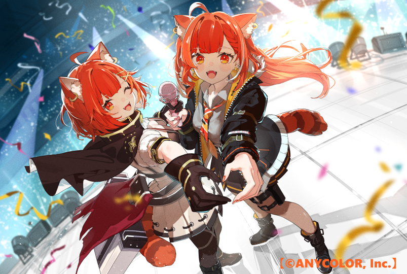 2girls ahoge amplifier animal_ear_fluff animal_ear_piercing animal_ears belt_boots belt_buckle black_jacket black_skirt black_thighhighs boots breasts brown_capelet brown_gloves buckle capelet cleavage collared_shirt company_name concert copyright_notice diagonal-striped_clothes diagonal-striped_necktie ear_piercing extra_ears gloves grey_shirt hair_ornament hairclip heart heart_hands heart_hands_duo holding holding_microphone jacket large_breasts long_hair long_sleeves looking_at_viewer microphone miniskirt multicolored_jacket multiple_girls necktie nijisanji nik_ibi off_shoulder open_clothes open_jacket open_mouth orange_eyes orange_hair orange_necktie outstretched_arm piercing pleated_skirt puffy_short_sleeves puffy_sleeves ratna_petit ratna_petit_(1st_costume) ratna_petit_(3rd_costume) red_hair red_panda red_panda_ears red_panda_girl red_panda_tail shirt short_sleeves skirt smile speaker stage stage_lights standing striped_clothes striped_necktie striped_tail tail thighhighs virtual_youtuber white_skirt x_hair_ornament