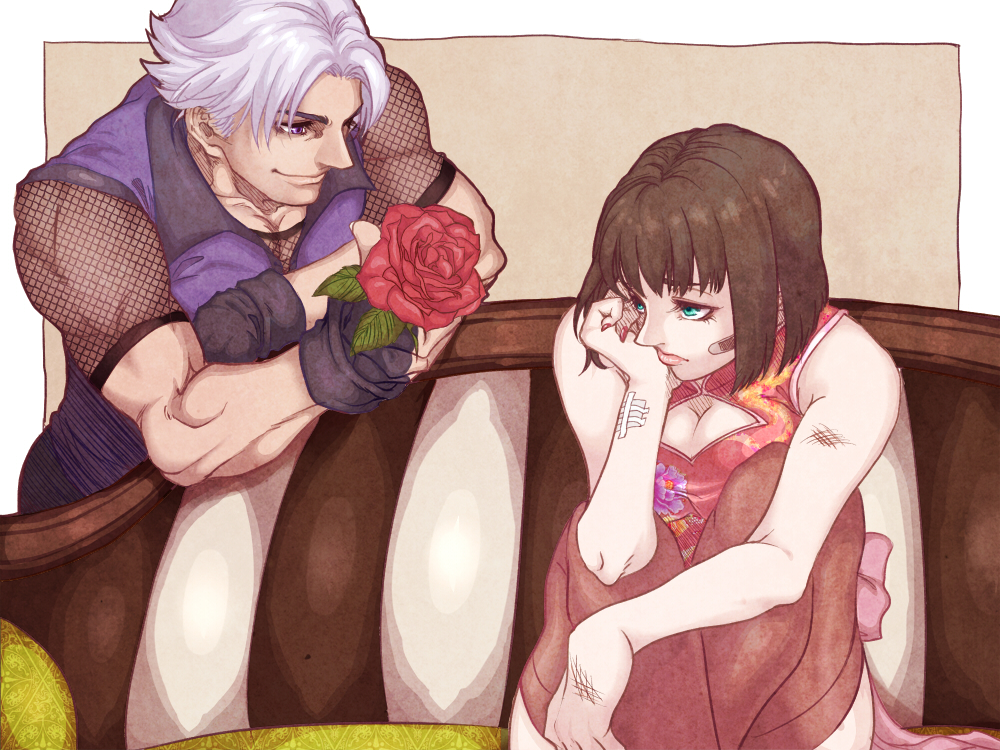 1boy 1girl anna_williams brown_hair brown_legwear chinese_clothes couch dark-skinned_male dark_skin dress fishnet_top floral_print flower green_eyes inuhiko_(istdog) jacket knees lee_chaolan legs muscular namco patterned_upholstery purple_eyes short_hair sitting smile tekken