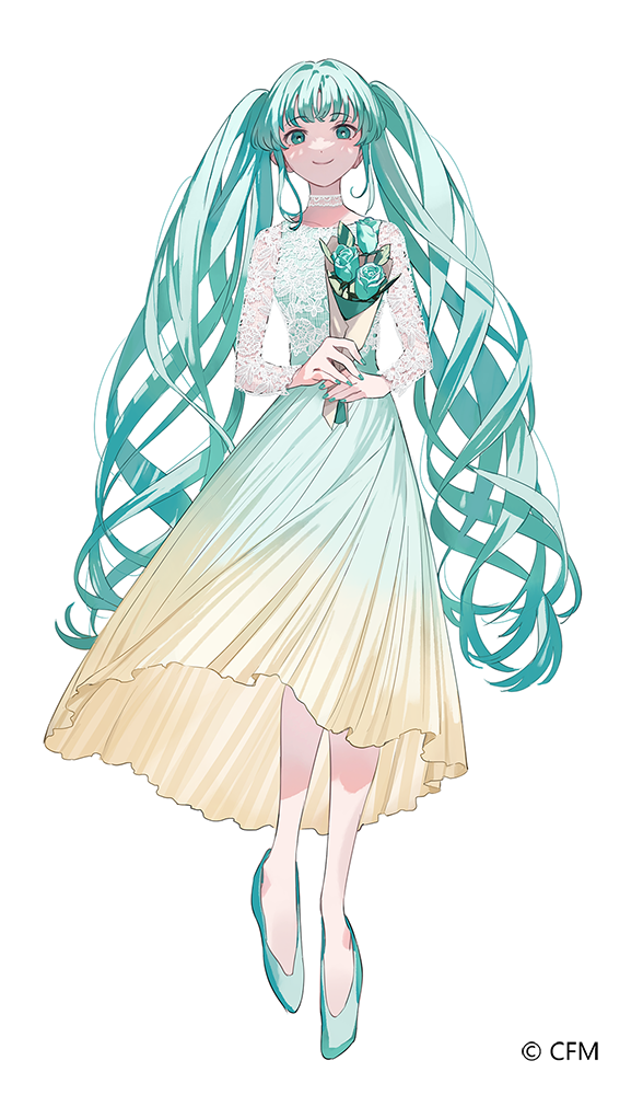 1girl aqua_dress aqua_eyes aqua_flower aqua_hair aqua_shoes bouquet choker closed_mouth copyright_notice curly_hair dress flower full_body gradient_clothes gradient_dress hatsune_miku holding holding_bouquet lace lace_choker long_hair multicolored_dress official_art rose shoes simple_background smile solo tachi-e twintails ugonba_(howatoro) very_long_hair vocaloid white_background yellow_dress