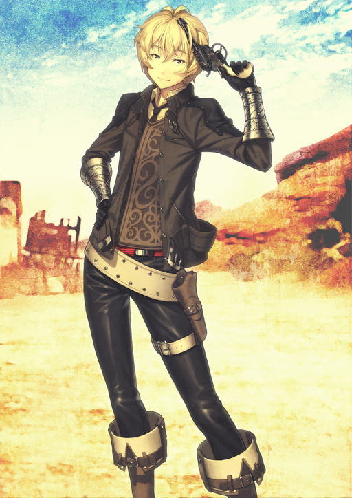1boy antenna_hair belt belt_buckle billy_the_kid_(fate) black_gloves black_necktie black_pants blonde_hair bracer brown_belt brown_jacket brown_shirt brown_vest buckle buttons closed_mouth collared_jacket collared_shirt colt_m1877 contrapposto fate/grand_order fate_(series) feet_out_of_frame gloves grey_eyes gun hair_between_eyes hand_on_own_hip hand_up holding holding_gun holding_weapon holster jacket legs_apart long_sleeves male_focus necktie official_art open_clothes open_jacket outdoors pants red_belt shima_udon shirt short_hair smile solo standing thigh_belt thigh_holster thigh_strap third-party_source unbuttoned variant_set vest weapon wing_collar