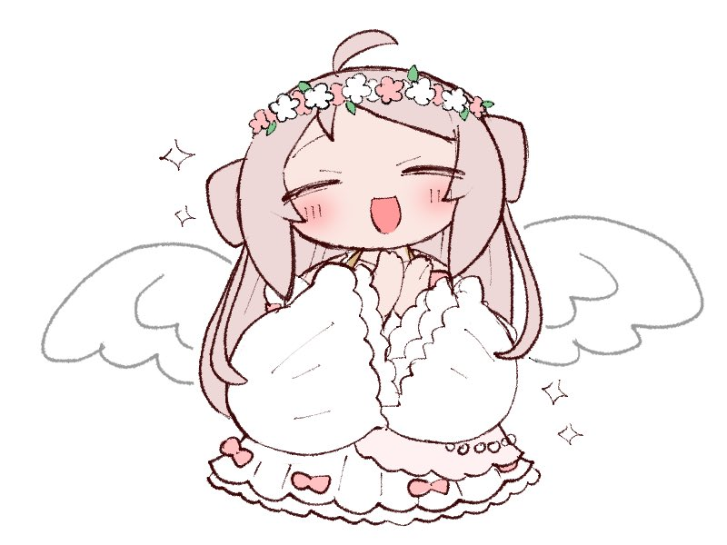 1girl _hat ahoge angel angel_girl angel_wings blue_eyes blush bow dress flower flowers_in_hair long_hair love_live! love_live!_nijigasaki_high_school_idol_club mole mole_under_eye pink_bow pink_hair sparkle white_dress wings zhong_lanzhu