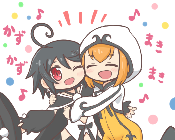 :d ^_^ ahoge bad_id bad_twitter_id black_hair closed_eyes commentary_request dress earrings hair_between_eyes hood hood_up hug jacket jewelry kazumi_(madoka_magica) long_sleeves magical_girl mahou_shoujo_kazumi_magica mahou_shoujo_madoka_magica maki_kaoru one_eye_closed open_mouth orange_dress orange_hair puffy_long_sleeves puffy_sleeves red_eyes reverse_(bluefencer) short_hair smile translation_request white_jacket