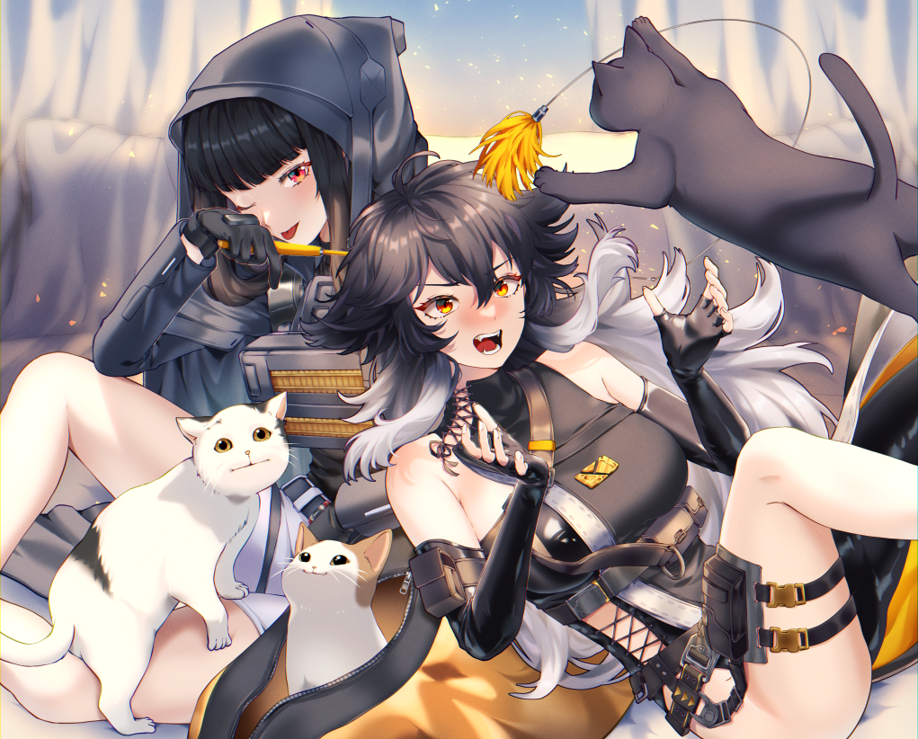 2girls ;p arm_pouch asymmetrical_clothes bag bare_shoulders belt black_bodysuit black_coat black_gloves black_hair black_shirt blunt_bangs blush bodysuit breasts cat cat_teaser chinese_commentary coat commentary_request d_(nikke) elbow_pads fangs fingerless_gloves gloves goddess_of_victory:_nikke grey_shorts hair_between_eyes high-waist_shorts holding holster hood hood_up hooded_coat k_(nikke) kac61010 long_coat long_hair long_sleeves looking_at_viewer medium_breasts meme multicolored_hair multiple_girls one_eye_closed open_mouth orange_eyes pop_cat_(meme) red_eyes shadow shirt short_shorts shorts sidelocks sitting skindentation sleeveless sleeveless_shirt smile tactical_clothes thigh_holster tongue tongue_out two-tone_hair underbust white_hair yellow_bag
