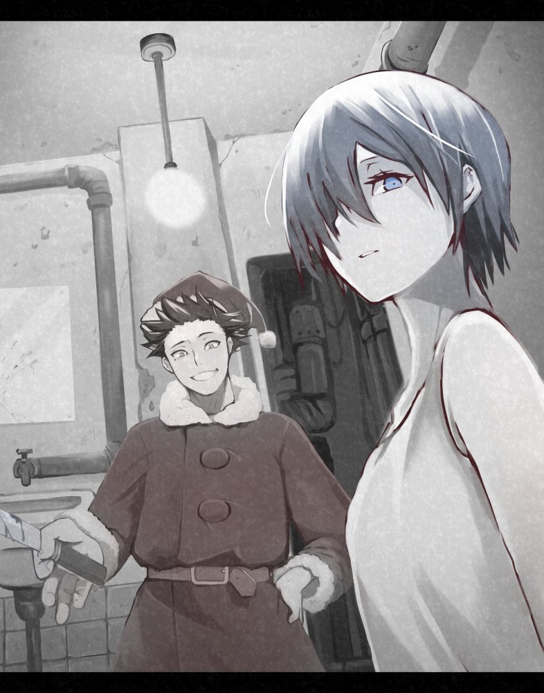 1boy 1girl aqua_hair belt black_hair blood breasts chikuwa0u0 dress fur_trim hat knife linda_(linda_cube) linda_cube looking_at_viewer medium_breasts neku_(linda_cube) santa_costume santa_hat short_hair sink sleeveless smile spiked_hair