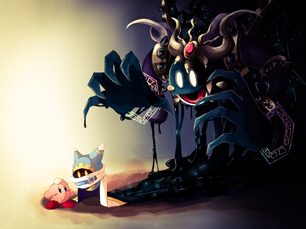 black_liquid blue_eyes blush_stickers cape commentary crown demon_horns disembodied_hand dual_persona english_commentary eye_in_mouth glowing glowing_eyes gradient_background hal_laboratory headpat horns kirby kirby&#039;s_return_to_dream_land kirby_(series) magic_circle magolor magolor_soul master_crown nintendo no_humans pointy_ears possessed possession red_eyes scarf spikes spoilers starry_sky_print third_eye white_eyes wings xcream-soarin yellow_eyes