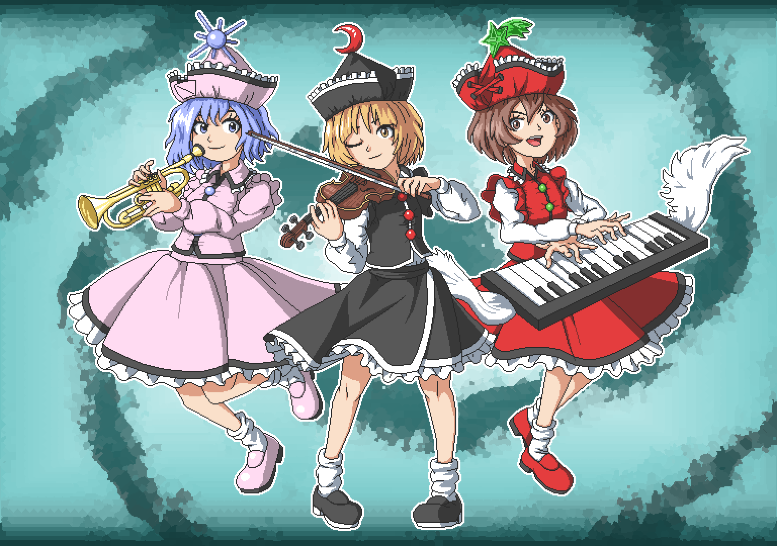 3girls aksawshin asymmetrical_hair black_footwear black_headwear black_skirt black_vest blonde_hair blue_eyes blue_hair bow_(music) brown_eyes brown_hair crescent crescent_hat_ornament frilled_skirt frills hat hat_ornament instrument keyboard_(instrument) light_blue_hair long_sleeves lunasa_prismriver lyrica_prismriver mary_janes merlin_prismriver multiple_girls music one_eye_closed perfect_cherry_blossom pink_headwear pink_shirt pink_shoes pink_skirt pixel_art playing_instrument red_footwear red_headwear red_skirt red_vest shirt shoes short_hair skirt skirt_set smile socks touhou trumpet vest violin white_shirt yellow_eyes