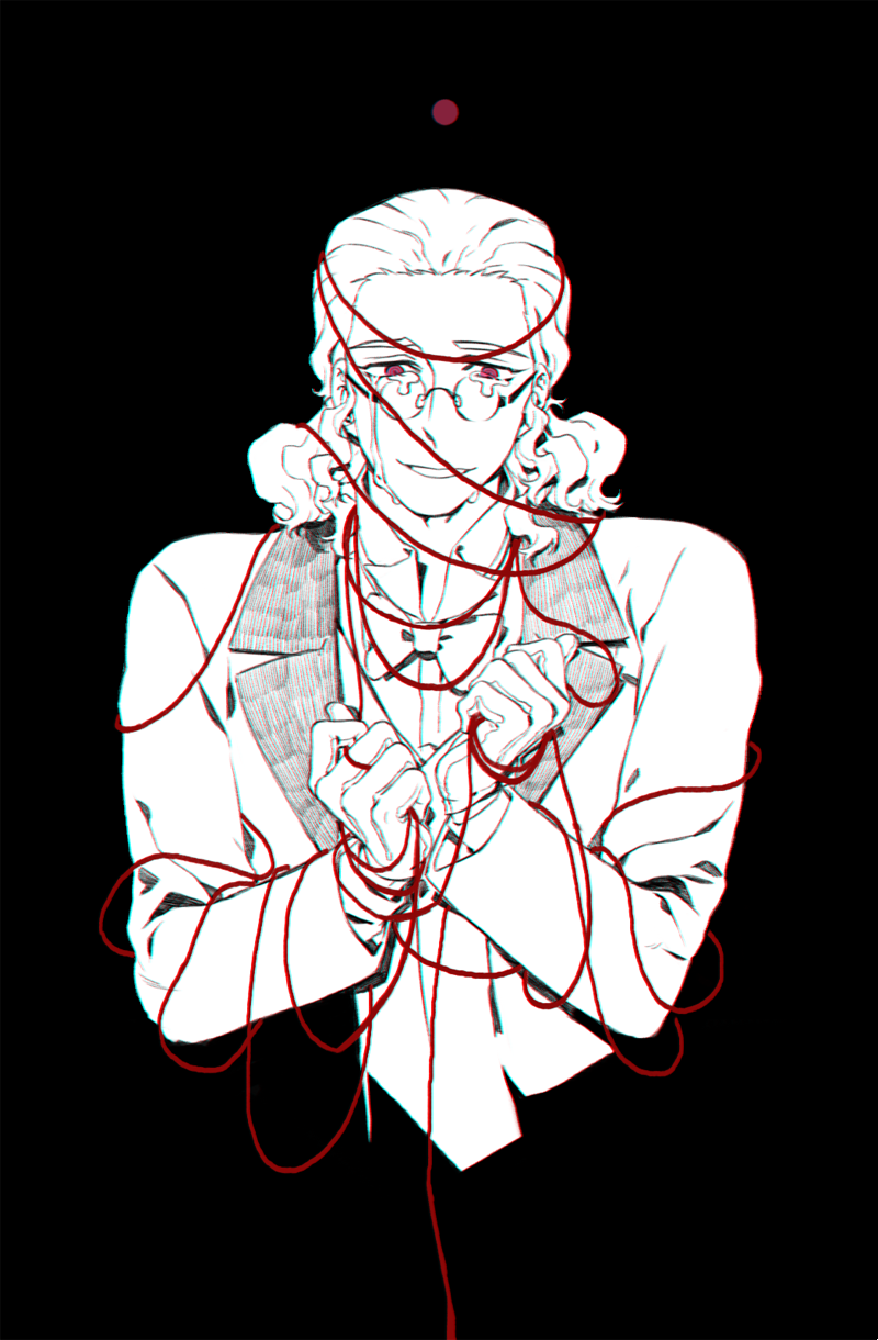 1boy black_background bow bowtie chromatic_aberration classicaloid collared_shirt commentary_request cropped_torso crying crying_with_eyes_open despair forehead franz_schubert_(classicaloid) gloves greyscale highres jacket long_sleeves male_focus monochrome round_eyewear sf_jd shirt short_hair simple_background solo spot_color string string_of_fate tears