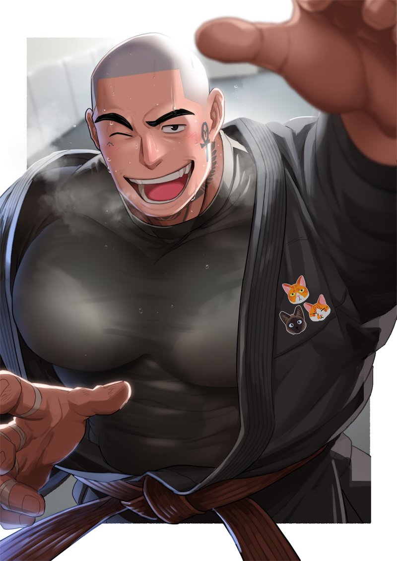 1boy absol_(dkqthf) bara black_shirt dougi fighting_stance large_pectorals looking_at_viewer male_focus muscular muscular_male one_eye_closed open_mouth original pectorals shirt short_hair smile solo upper_body very_short_hair
