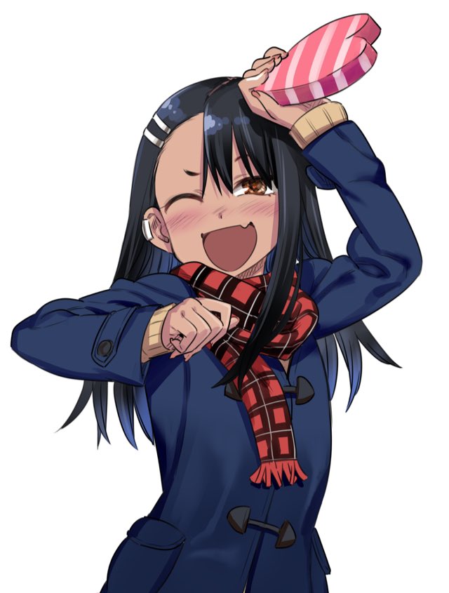 1girl 774_(nanashi) asymmetrical_bangs black_hair blue_coat blush box brown_eyes coat earclip fangs gift gift_box hair_ornament hairclip holding holding_gift ijiranaide_nagatoro-san long_hair long_sleeves looking_at_viewer nagatoro_hayase official_art one_eye_closed plaid_clothes plaid_scarf red_scarf scarf simple_background skin_fangs solo throwing upper_body valentine white_background winter_clothes winter_coat