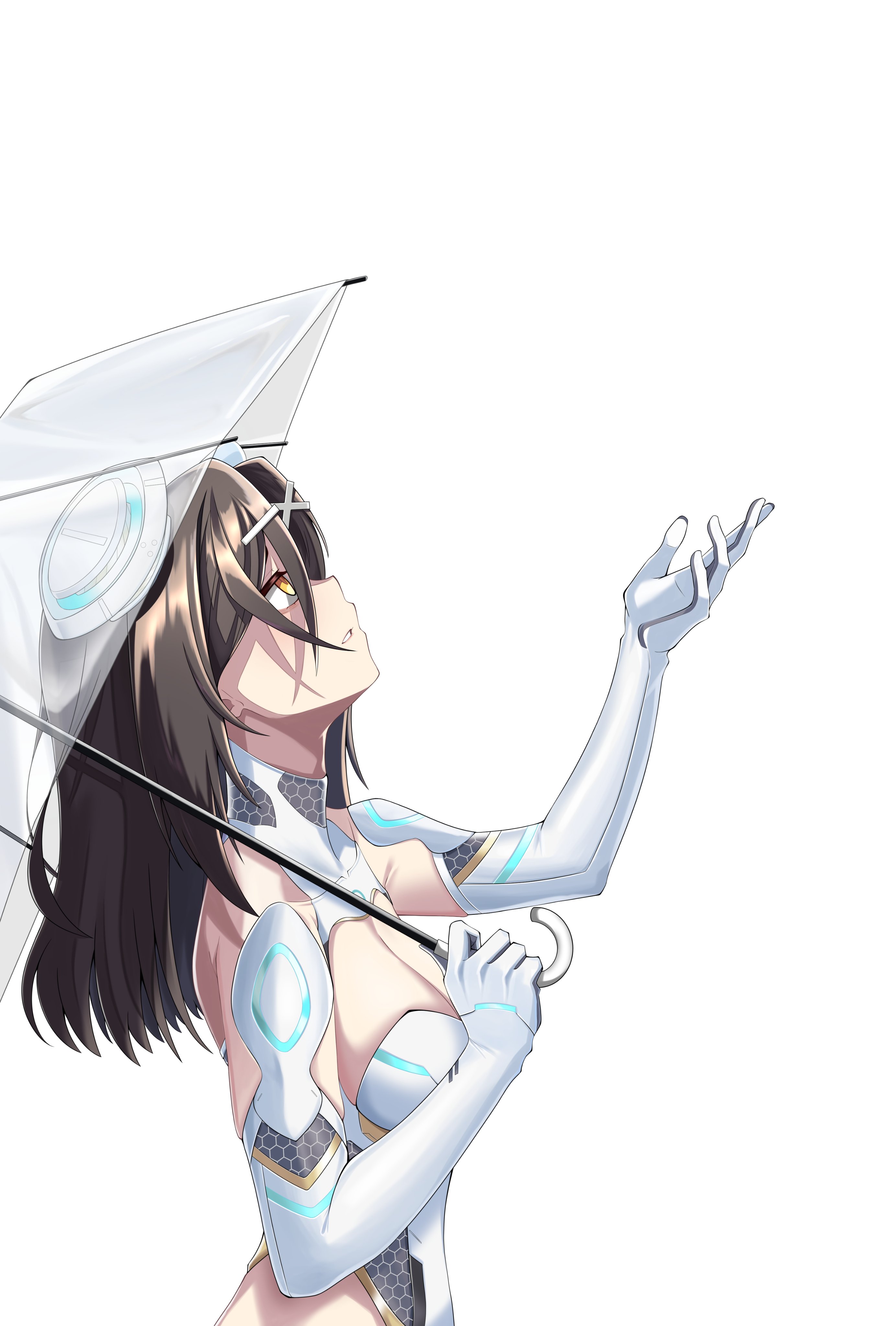1girl absurdres breasts christina_brecht cleavage cleavage_cutout clothing_cutout collarbone commentary commission cosplay counter:side elbow_gloves english_commentary from_side gloves hair_ornament hairclip hand_up headgear highres holding holding_umbrella honeycomb_(pattern) horizon_(counter:side) horizon_(counter:side)_(cosplay) long_hair looking_afar looking_up orange_eyes parted_lips sideways_mouth simple_background solo transparent transparent_umbrella umbrella upper_body wbs white_background white_gloves x_hair_ornament