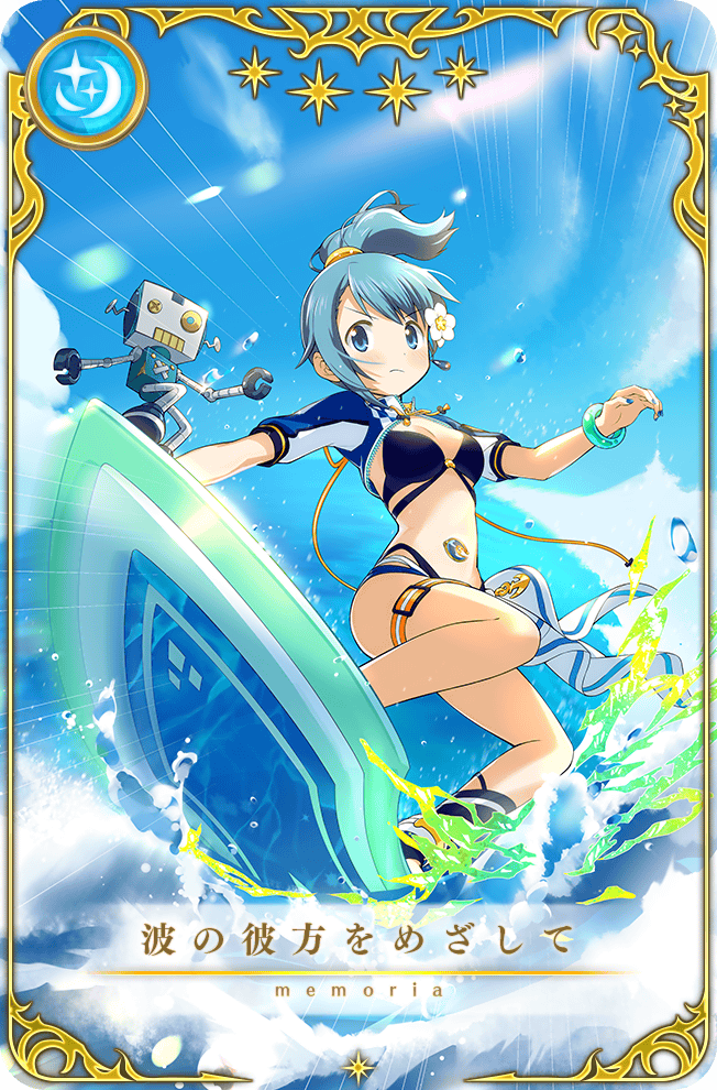 1girl artist_request belt belt_buckle bikini black_bikini black_socks blue_eyes blue_gemstone blue_hair blue_jacket blue_nails bracelet breasts buckle card_(medium) checkered_clothes checkered_jacket cleavage closed_mouth cropped_jacket day determined dot_nose emphasis_lines floating_clothes floating_hair flower frown full_body game_cg gem hair_flower hair_ornament hair_tie high_ponytail jacket jewelry light_blush looking_ahead magia_record:_mahou_shoujo_madoka_magica_gaiden magic mahou_shoujo_madoka_magica mahou_shoujo_madoka_magica_(anime) miki_sayaka miki_sayaka_(surfer_ver.) multicolored_jacket nail_polish ocean official_alternate_costume official_art open_clothes open_jacket orange_belt outdoors picture_frame ponytail sarong short_hair short_ponytail short_sleeves single_sock single_stripe socks solo star_(symbol) stomach_jewel striped_belt surfboard surfing swimsuit tareme thigh_belt thigh_strap toy_robot translated two-tone_jacket updo v-shaped_eyebrows waves white_flower white_jacket white_sarong