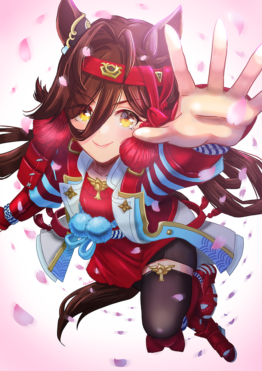 1girl animal_ears antenna_hair armor brown_eyes brown_hair closed_mouth collarbone falling_petals fence full_body grin hair_between_eyes hair_ornament headband highres horse_ears horse_girl horse_tail jacket japanese_armor long_hair looking_at_viewer low_twintails miniskirt no_reason_(umamusume) otono_(bkt4b) petals pleated_skirt red_skirt shoes skirt smile solo standing tail thighhighs twintails umamusume white_background yellow_eyes
