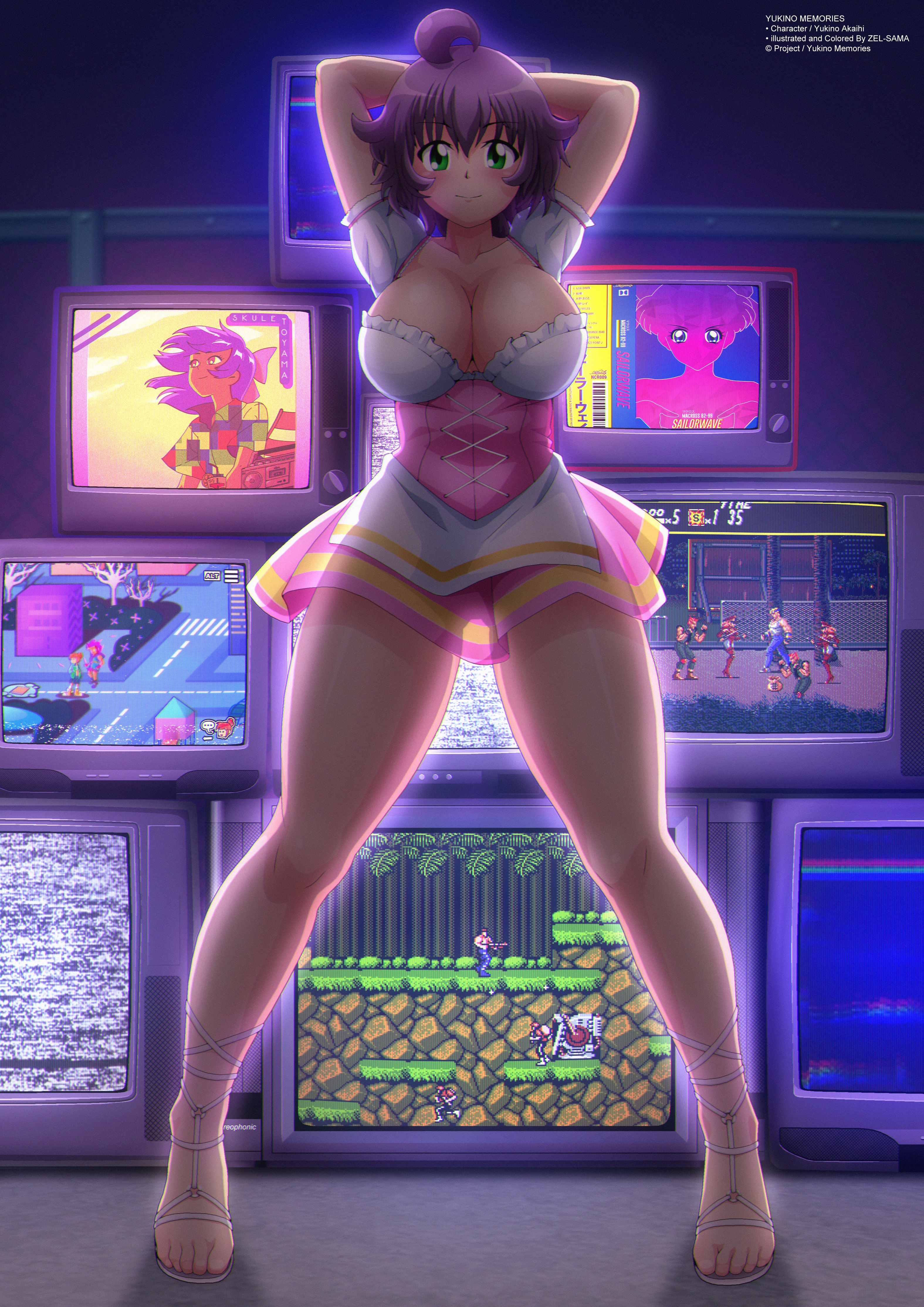 1girl absurdres ahoge arms_behind_head arms_up axel_stone bishoujo_senshi_sailor_moon blush breasts cleavage collarbone contra gin_(popslinger) green_eyes highres konami lance_bean large_breasts looking_at_viewer nintendo pink_skirt popslinger purple_hair ria_carbon sandals sega shirt short_hair short_sleeves skirt skule_toyama smile standing streets_of_rage television tsukino_usagi white_sandals white_shirt yukino_akaihi yukino_memories zel-sama