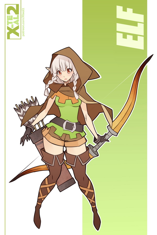 1girl arrow_(projectile) artist_name belt boots bow_(weapon) braid brown_boots brown_eyes character_name cloak dragon&#039;s_crown elf elf_(dragon&#039;s_crown) female_focus full_body hood looking_at_viewer pointy_ears quiver short_shorts shorts silver_hair solo thigh_boots thighhighs twin_braids vanillaware watermark weapon web_address x-t3al zettai_ryouiki