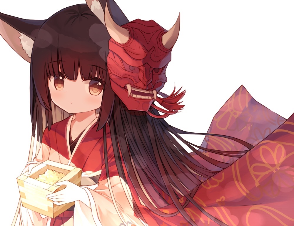 1girl animal_ear_fluff animal_ears beans black_hair brown_eyes closed_mouth commentary_request hands_up holding japanese_clothes kimono long_sleeves looking_at_viewer mask mask_on_head masu obi oni_mask original red_kimono sash simple_background solo white_background wide_sleeves yuuhagi_(amaretto-no-natsu)