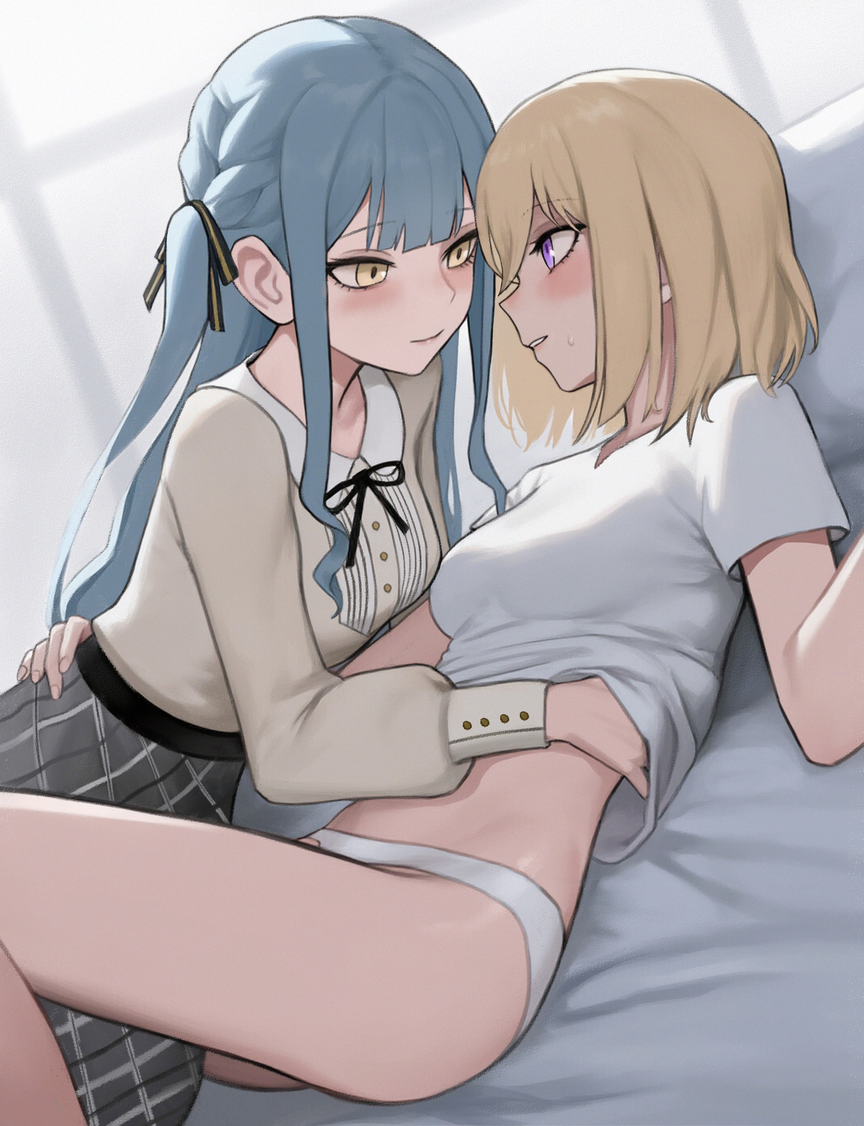 2girls absurdres arm_around_waist bang_dream! bang_dream!_it's_mygo!!!!! bed black_ribbon blonde_hair blue_hair blunt_bangs blush braid breasts buttons clothes_lift commentary cowboy_shot dutch_angle eye_contact face-to-face fingernails gradient_background grey_background grey_skirt hair_between_eyes hair_ribbon hand_on_another's_back hand_under_clothes hand_under_shirt hand_up high-waist_skirt highres indoors knee_up leg_between_thighs lifting_another's_clothes long_hair long_sleeves looking_at_another lying medium_breasts medium_hair misumi_uika multiple_girls neck_ribbon no_pants on_back on_bed panties parted_lips pillow profile purple_eyes ribbon shirt shirt_lift shirt_tucked_in short_sleeves side_braid sidelocks skirt smile sweatdrop togawa_sakiko underwear white_panties white_shirt withergodwings yellow_eyes yuri