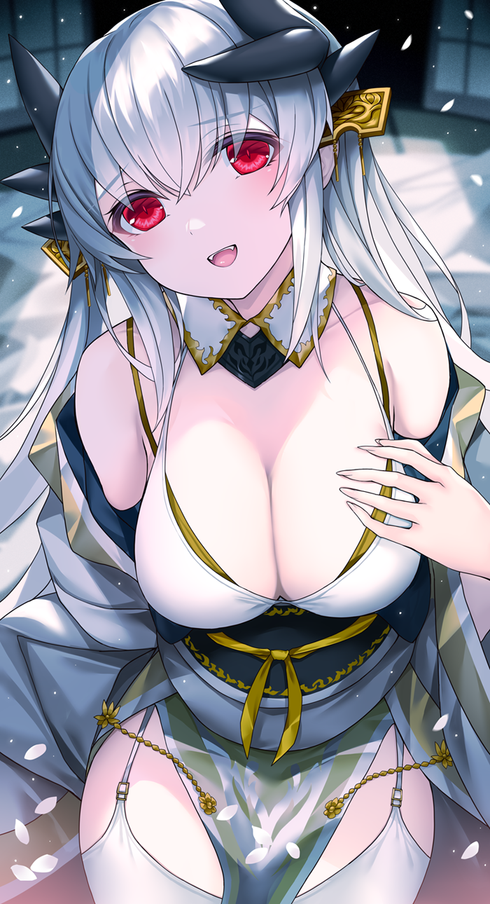 1girl :d bare_shoulders bikini blush breasts cleavage commentary_request dragon_girl dragon_horns fate/grand_order fate_(series) hair_ornament highres horns kiyohime_(fate) large_breasts long_hair long_sleeves looking_at_viewer morizono_shiki off_shoulder open_mouth red_eyes smile solo swimsuit thighhighs white_bikini white_hair white_thighhighs wide_sleeves