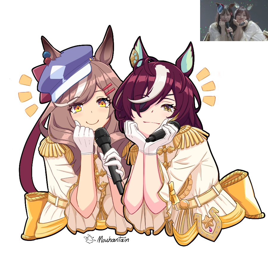 2girls animal_ears artist_name brown_eyes brown_hair epaulettes eyepatch gloves holding holding_microphone horse_ears horse_girl looking_at_viewer matikane_tannhauser_(umamusume) matsuoka_misato medium_hair microphone mouhantain multicolored_hair multiple_girls official_alternate_costume real_life real_life_insert road_of_radiance_(umamusume) short_hair smile tanino_gimlet_(umamusume) toono_hikaru two-tone_hair umamusume voice_actor_connection white_background white_gloves white_hair yellow_eyes