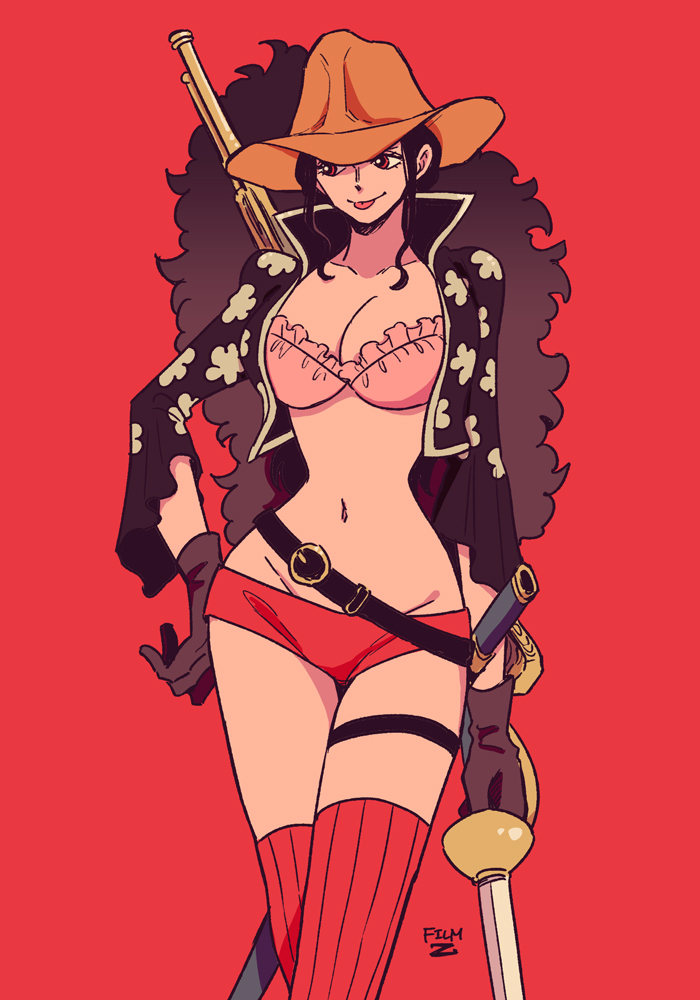 0colon8 1girl black_gloves black_hair breasts cleavage copyright_name cowboy_hat gloves hat huge_breasts jacket large_breasts looking_to_the_side navel nico_robin one_piece one_piece_film:_z red_background red_eyes simple_background smile sword tongue weapon