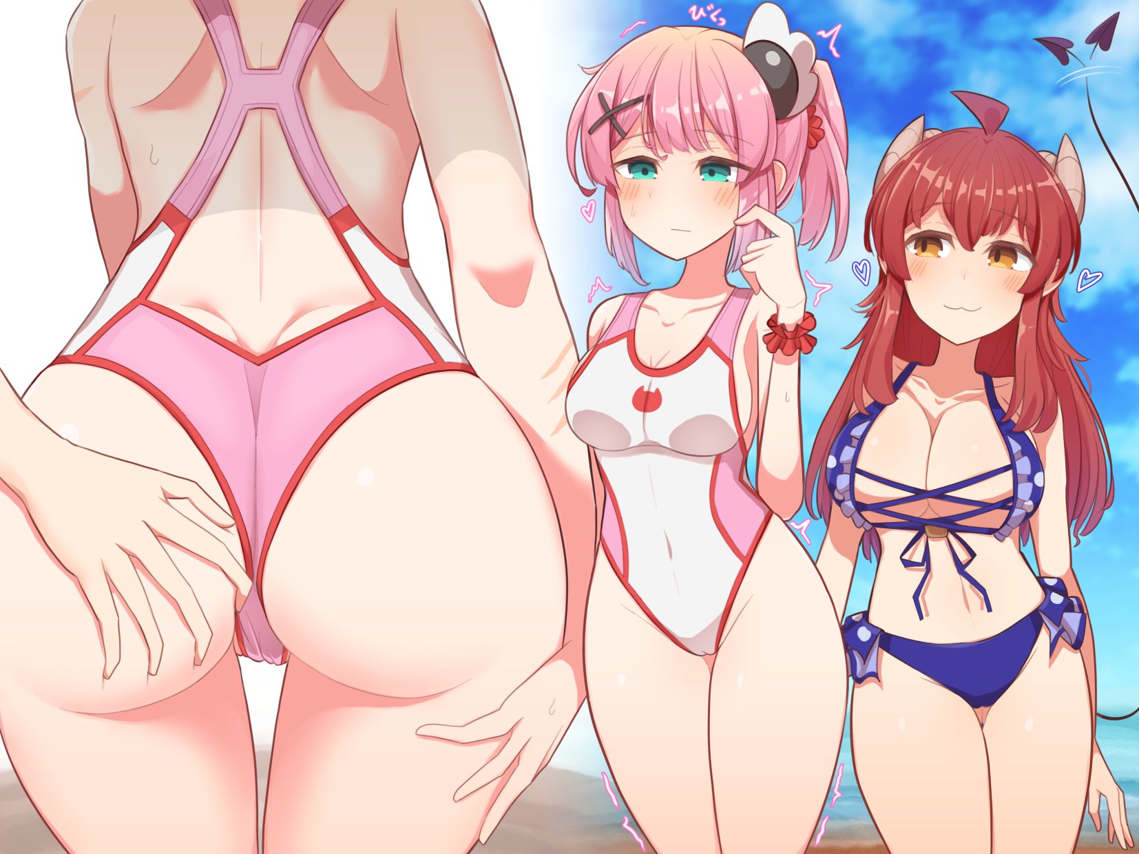 2girls :3 ahoge ame_(no_hi_no)_mori back beach bikini blue_sky blush breasts brown_hair chiyoda_momo cleavage cloud cloudy_sky covered_navel day demon_girl demon_horns demon_tail food-themed_hair_ornament grabbing_another's_ass green_eyes groping hair_ornament heart highres horns large_breasts long_hair looking_at_another machikado_mazoku medium_breasts multiple_girls multiple_views ocean one-piece_swimsuit outdoors peach_hair_ornament pink_hair ponytail sky swimsuit tail tail_wagging x_hair_ornament yellow_eyes yoshida_yuuko_(machikado_mazoku) yuri