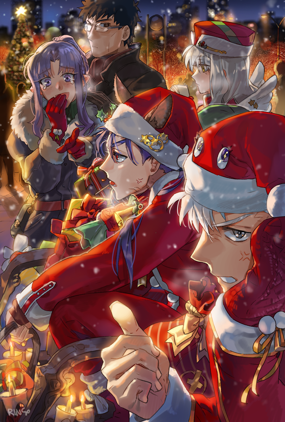 2girls 3boys alternate_costume animal_ears annoyed archer_(fate) black_hair blue_eyes blue_hair blush cat_ears character_request cu_chulainn_(fate) cu_chulainn_(fate/stay_night) dark-skinned_male dark_skin fate/grand_order fate/stay_night fate_(series) g0ringo gift hat highres kuzuki_souichirou long_hair long_sleeves male_focus medea_(caster)_(fate) medea_(fate) multiple_boys multiple_girls open_mouth pointy_ears purple_hair santa_costume santa_hat snow white_hair winter_clothes