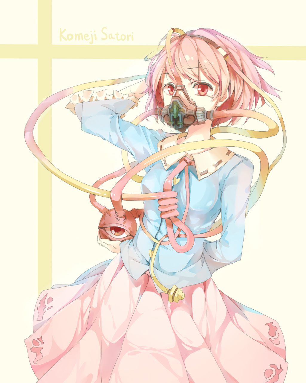 1girl arms_behind_back arms_behind_head bad_id bad_pixiv_id dress female_focus gas_mask hair_ornament hairclip highres huanxiang_heitu komeiji_satori looking_at_viewer mask metal_gear_(series) metal_gear_solid parody psycho_mantis short_hair solo third_eye touhou