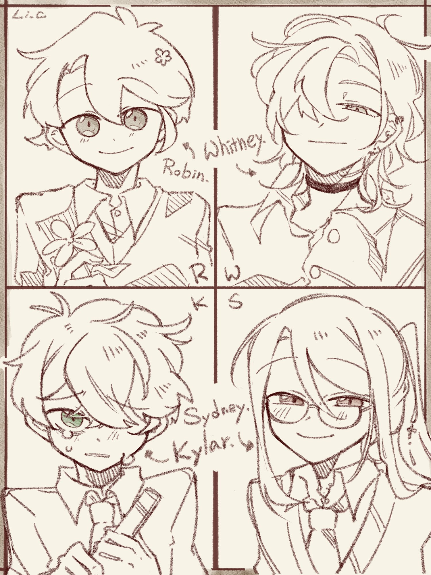 1girl 3boys degrees_of_lewdity glasses green_eyes hair_over_one_eye highres kylar_(degrees_of_lewdity) multiple_boys robin_(degrees_of_lewdity) smile sydney_(degrees_of_lewdity) whitney_(degrees_of_lewdity)