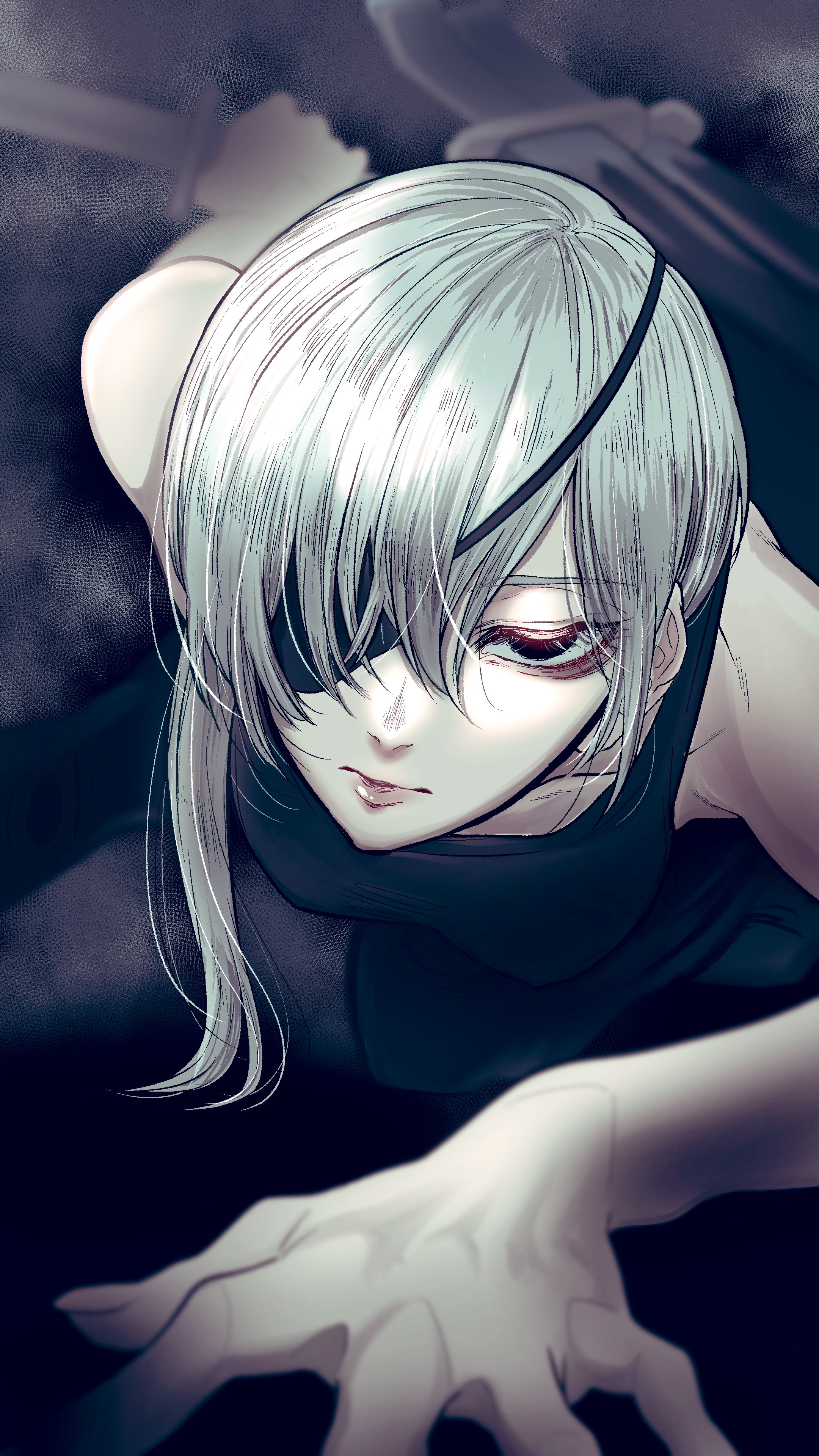 1girl absurdres all_fours black_tank_top chainsaw_man expressionless eyepatch fog haru_rice highres long_hair looking_at_viewer ponytail quanxi_(chainsaw_man) shirt_tucked_in solo tank_top white_hair