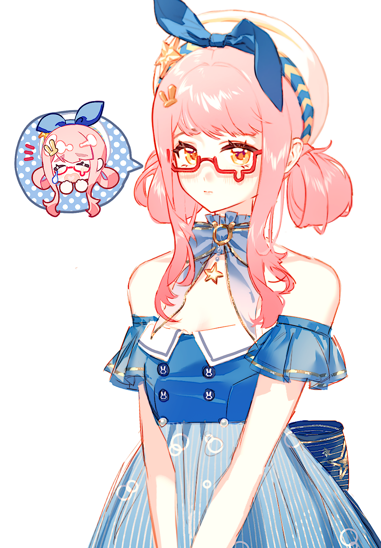 1girl back_bow bare_shoulders beret bespectacled blue_bow blue_bowtie blue_brooch blue_choker blue_dress blue_sleeves bow bow_choker bowtie breasts bubble_print bubbly_voyage_(infinity_nikki) buttons choker cleavage closed_eyes closed_mouth collared_dress cowboy_shot detached_sleeves dress embarrassed frilled_choker frilled_sleeves frills glasses hair_ornament hair_rings hairclip hat hat_bow hat_ornament head_only heart heart_in_mouth highres infinity_nikki light176 light_blush lips nikki_(nikki) nikki_(series) notice_lines open_mouth pink_hair pink_lips rabbit_hair_ornament red-framed_eyewear short_hair_with_long_locks short_sleeves sidelocks simple_background solo spoken_character standing star_(symbol) star_choker star_hat_ornament star_print strapless strapless_dress striped_bow teardrop teardrop-framed_glasses vertical-striped_sleeves wavy_hair white_background white_hat