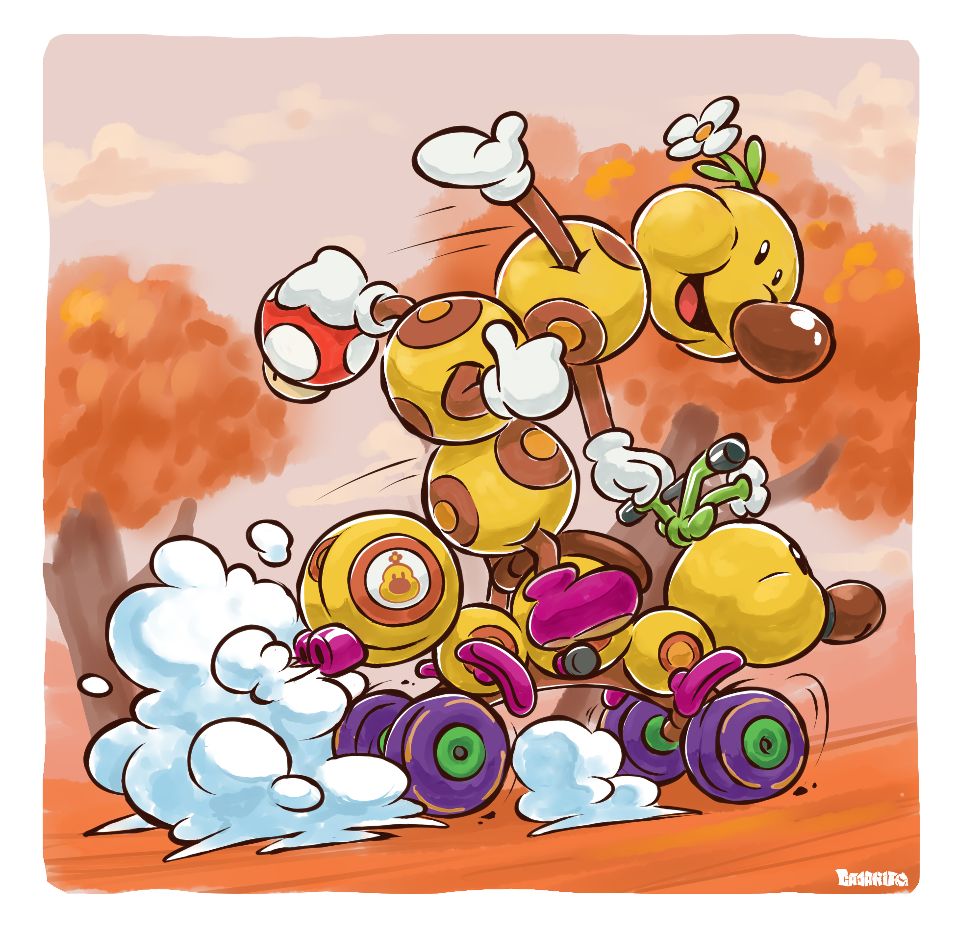 artist_name boots border caterpillar elcajarito flower gloves highres mario_(series) mario_kart mario_kart_8 mario_kart_8_deluxe nintendo no_humans open_mouth outside_border pink_boots solo super_mushroom white_border white_flower white_gloves wiggler wild_wiggler