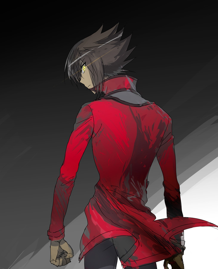 1boy black_background brown_hair clenched_hands facing_away grey_pants in_shadow jacket light_rays looking_at_viewer male_focus moribuden open_clothes open_jacket pants red_jacket yellow_eyes yu-gi-oh! yu-gi-oh!_gx yuki_judai
