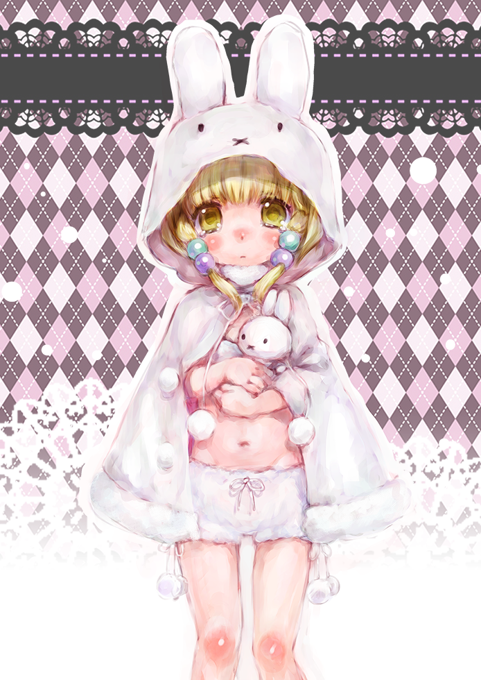 1girl argyle_background argyle_clothes banpresto blonde_hair bloomers blush child cloak female_focus groin hair_ornament holding irui_guneden knees looking_at_viewer nakamura_kanko navel solo stuffed_animal stuffed_rabbit stuffed_toy super_robot_wars tears underwear yellow_eyes