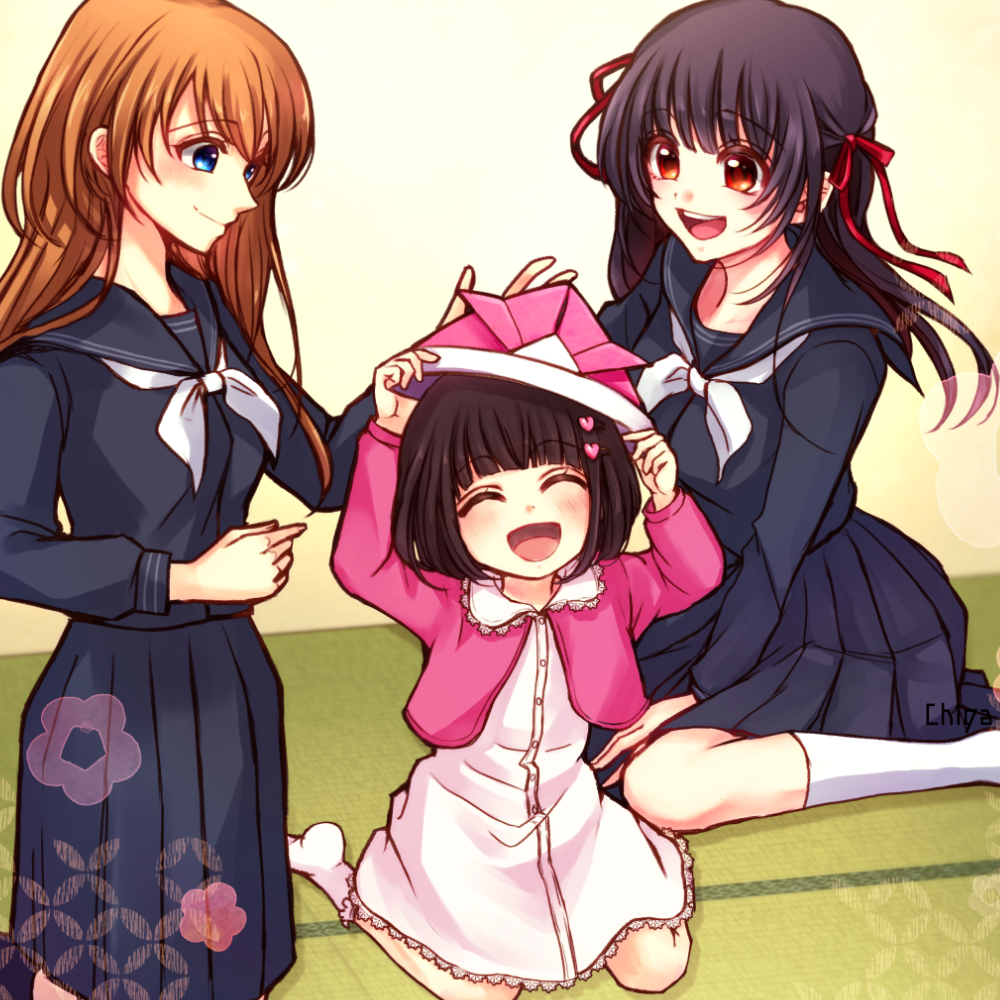 3girls black_hair black_serafuku blue_eyes blunt_bangs brown_eyes brown_hair chi119 dress hair_ornament hair_ribbon heart heart_hair_ornament himeno_mikoto kaii_shoukougun kaii_shoukougun_3 kajiro_haruko kajiro_yuka kodomo_no_hi long_hair multiple_girls neckerchief official_art paper_hat paper_kabuto pink_dress pleated_skirt ribbon sailor_collar school_uniform serafuku short_hair siblings sisters skirt smile