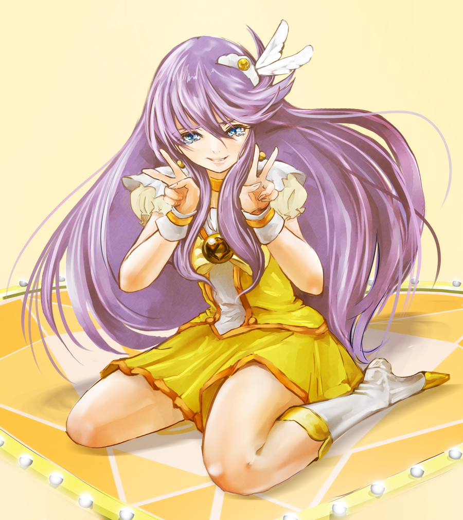 1girl blue_eyes boots bow choker cosplay cure_moonlight cure_peace cure_peace_(cosplay) double_v dress earrings female_focus full_body goru_(cure_golgom) hair_ornament heartcatch_precure! jewelry knee_boots long_hair magical_girl precure purple_hair simple_background skirt smile_precure! solo tears tiara tsukikage_yuri v wrist_cuffs yellow_bow yellow_dress yellow_skirt yellow_theme