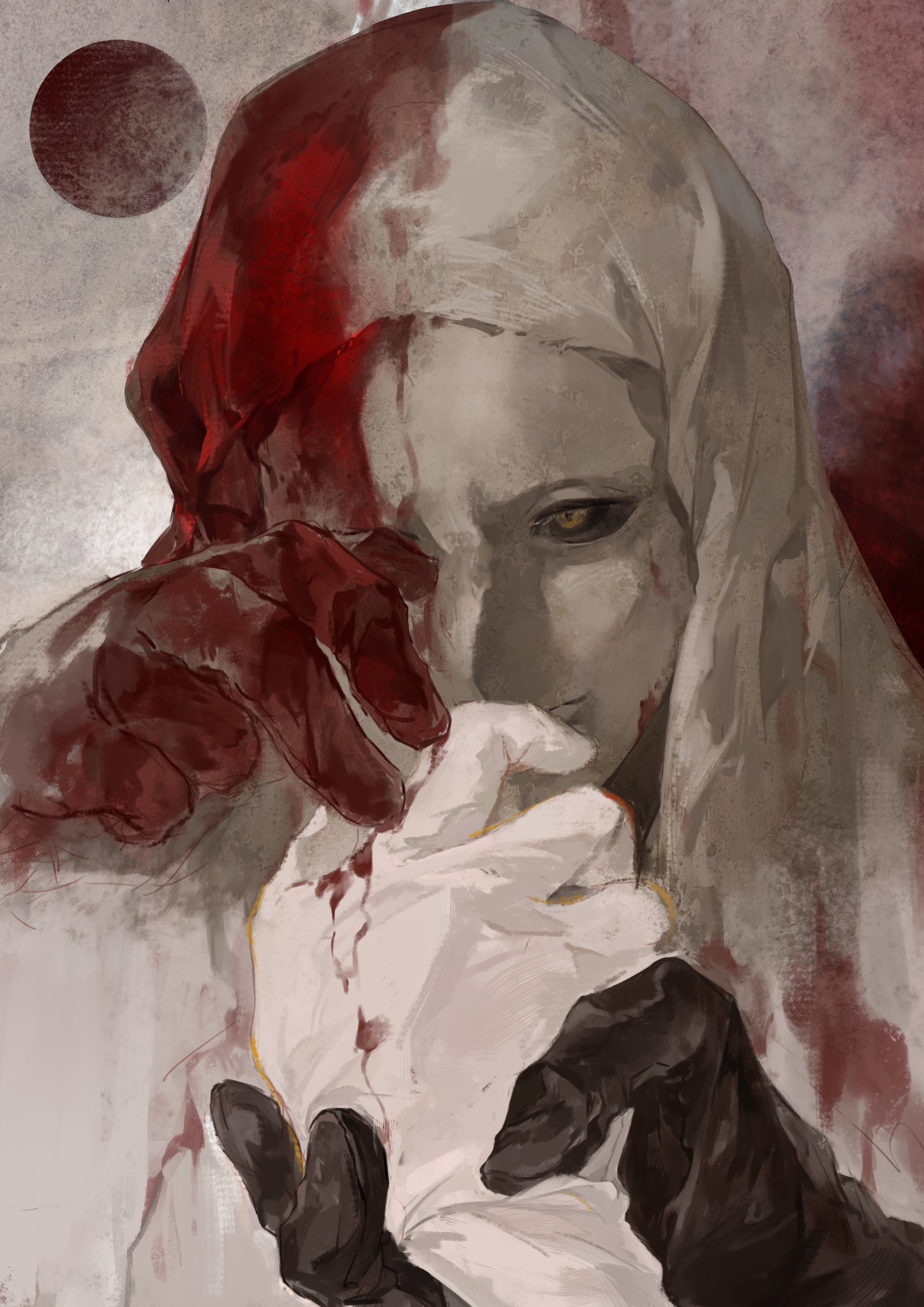 1boy 1other blood blood_on_clothes blood_on_mask brown_eyes commentary disembodied_hand elden_ring english_commentary highres holding_another&#039;s_wrist hood hood_up male_focus mask robe solo_focus white-faced_varre white_hood white_mask white_robe yayaziiii
