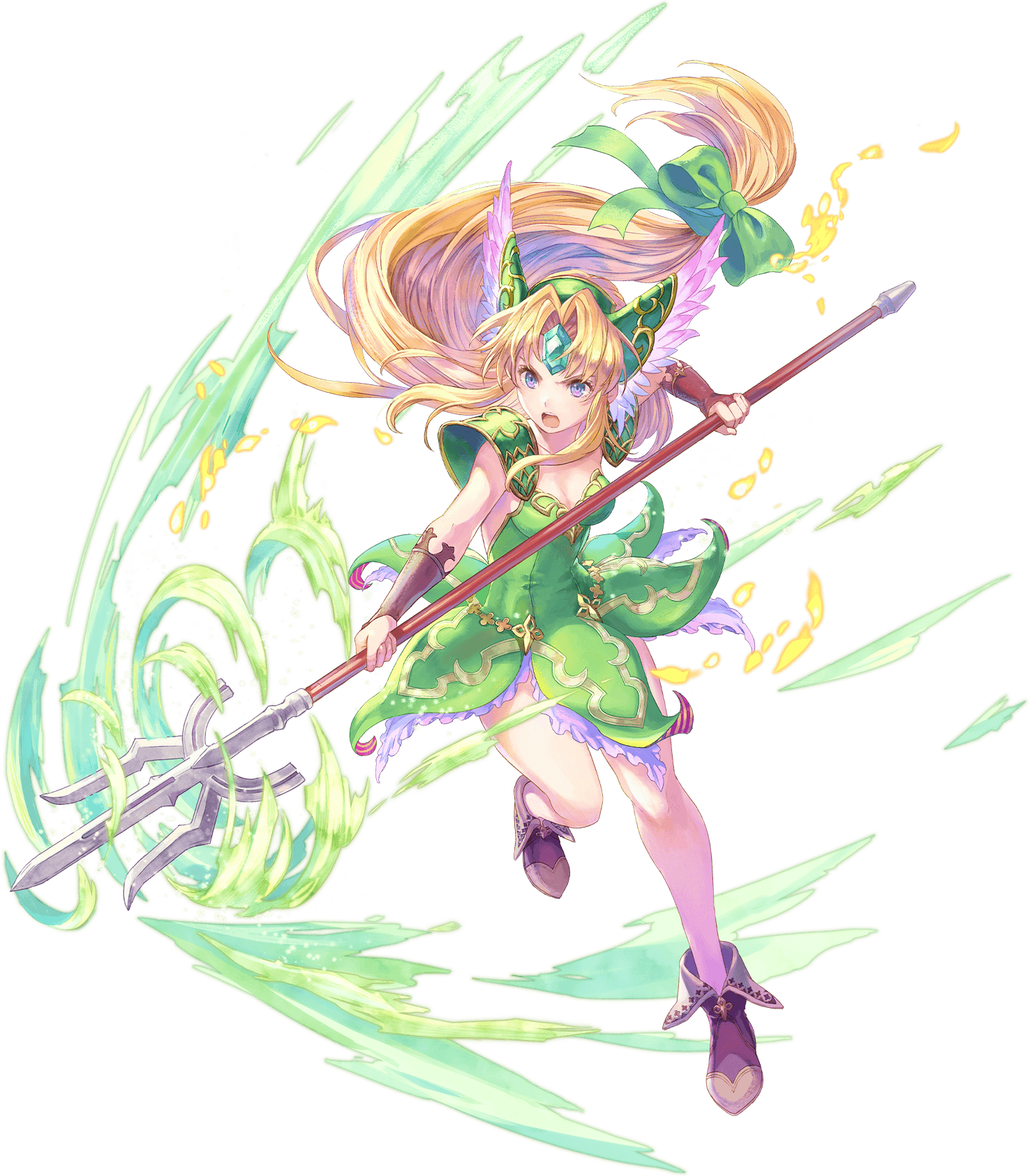 1girl blonde_hair boots bridal_gauntlets dress forehead_jewel full_body green_dress haccan helmet highres long_hair low-tied_long_hair non-web_source official_art open_mouth polearm purple_eyes riesz seiken_densetsu seiken_densetsu_3 short_dress solo transparent_background valkyrie valkyrie_(seiken_densetsu_3) weapon winged_helmet