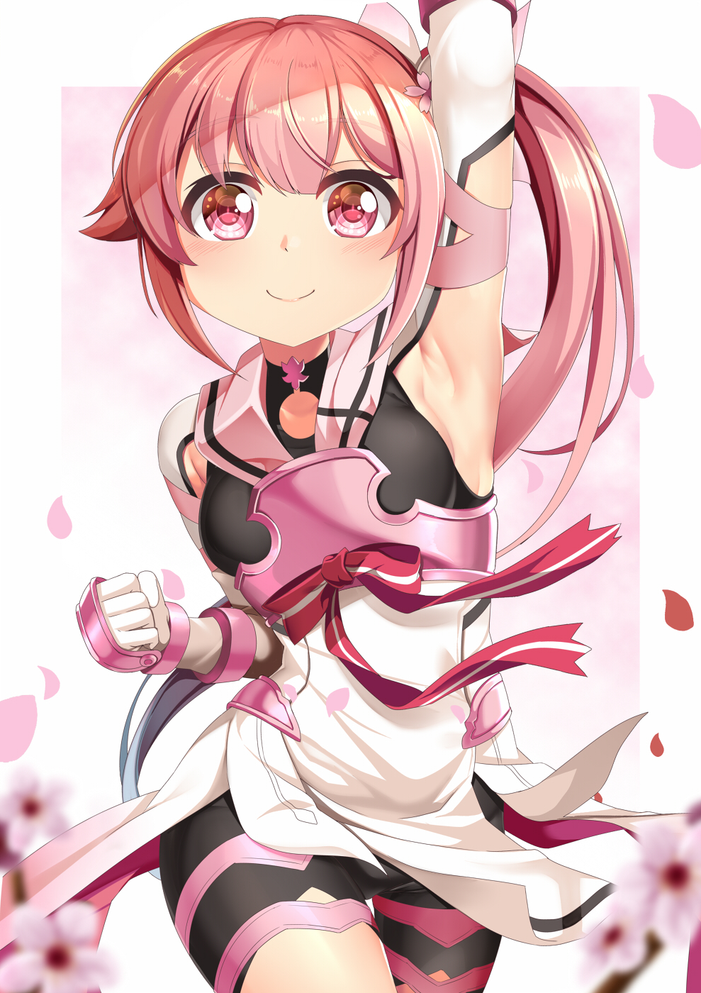 1girl arm_up border bow cherry_blossoms closed_mouth cosplay hair_between_eyes harusame_(kancolle) highres kantai_collection long_hair looking_at_viewer magical_girl petals pink_eyes pink_hair red_bow side_ponytail smile solo white_border yasume_yukito yuuki_yuuna yuuki_yuuna_(cosplay) yuuki_yuuna_wa_yuusha_de_aru yuusha_de_aru