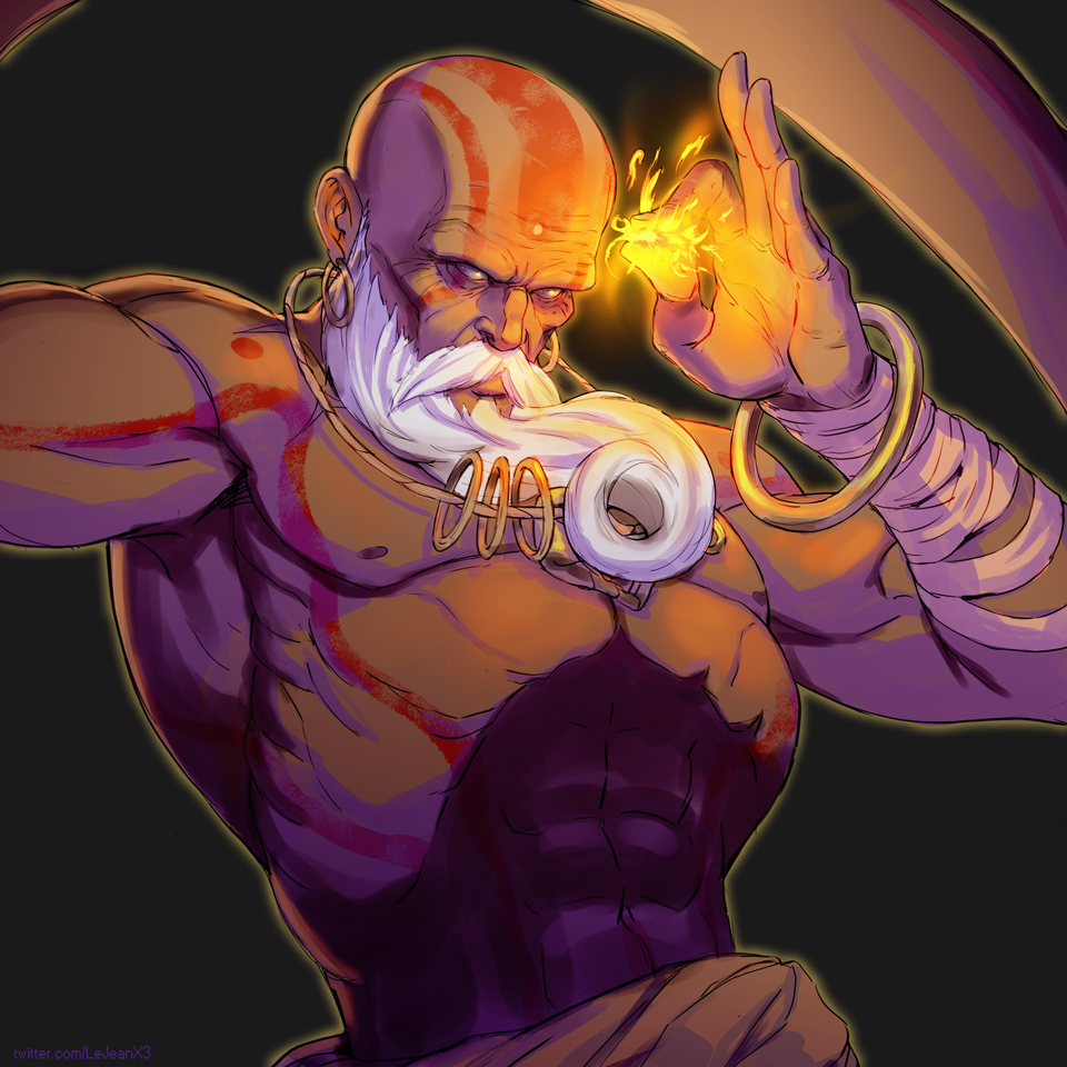 bald bandages bangle beard body_markings bracelet dhalsim earrings facial_hair facial_mark fire hoop_earrings jewelry muscular muscular_male mustache no_pupils ok_sign serious simple_background street_fighter stretching