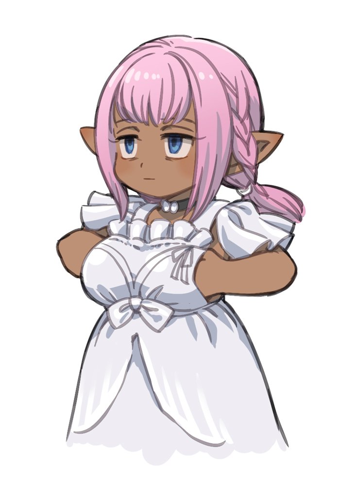 1girl :| black_choker blue_eyes braid choker closed_mouth cosplay dark-skinned_female dark_skin dress final_fantasy final_fantasy_xiv hand_under_clothes lalafell long_hair low-tied_long_hair minagawa_fumio minfilia_warde minfilia_warde_(cosplay) pink_hair pointy_ears side_braid simple_background solo warrior_of_light_(ff14) white_background white_dress