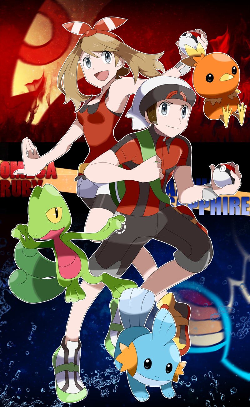 1boy 1girl black_shirt black_shorts bracelet breasts brendan_(pokemon) brown_hair closed_mouth colored_sclera commentary fire gen_3_pokemon grey_eyes grey_shorts groudon hat highres holding holding_poke_ball jacket jewelry kyogre legendary_pokemon may_(pokemon) mudkip multicolored_jacket nintendo open_mouth poke_ball poke_ball_(basic) pokemon pokemon_(creature) pokemon_oras primal_groudon primal_kyogre red_jacket red_tank_top shirt shoes shorts sidelocks sleeveless smile starter_pokemon_trio tank_top torchic treecko two-tone_jacket uni_(unnny) water white_shorts yellow_sclera