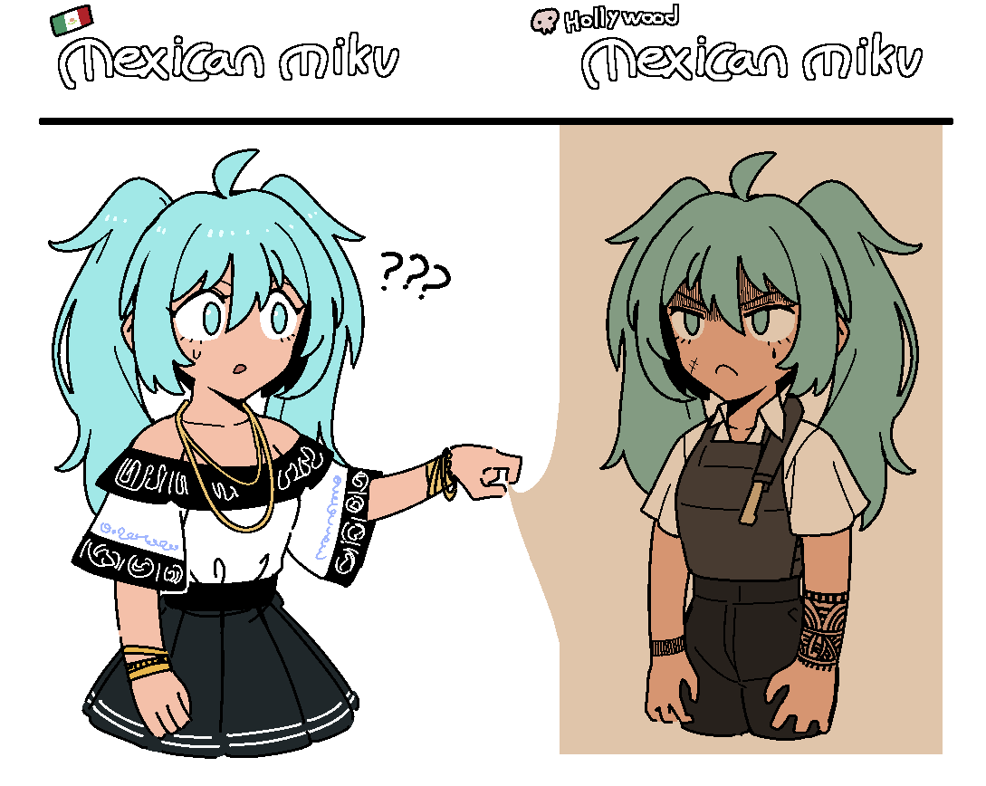 2girls ? ?? ahoge arm_tattoo bare_shoulders black_pants black_shirt black_vest bracelet comparison cropped_legs dual_persona english_text facial_scar formicid frown green_hair hair_between_eyes hatsune_miku jewelry mexican_clothes mexican_flag mexico miniskirt multiple_girls necklace off_shoulder pants scar scar_on_cheek scar_on_face sepia shirt shirt_tucked_in short_sleeves skirt tattoo vest vocaloid white_shirt worldwide_miku