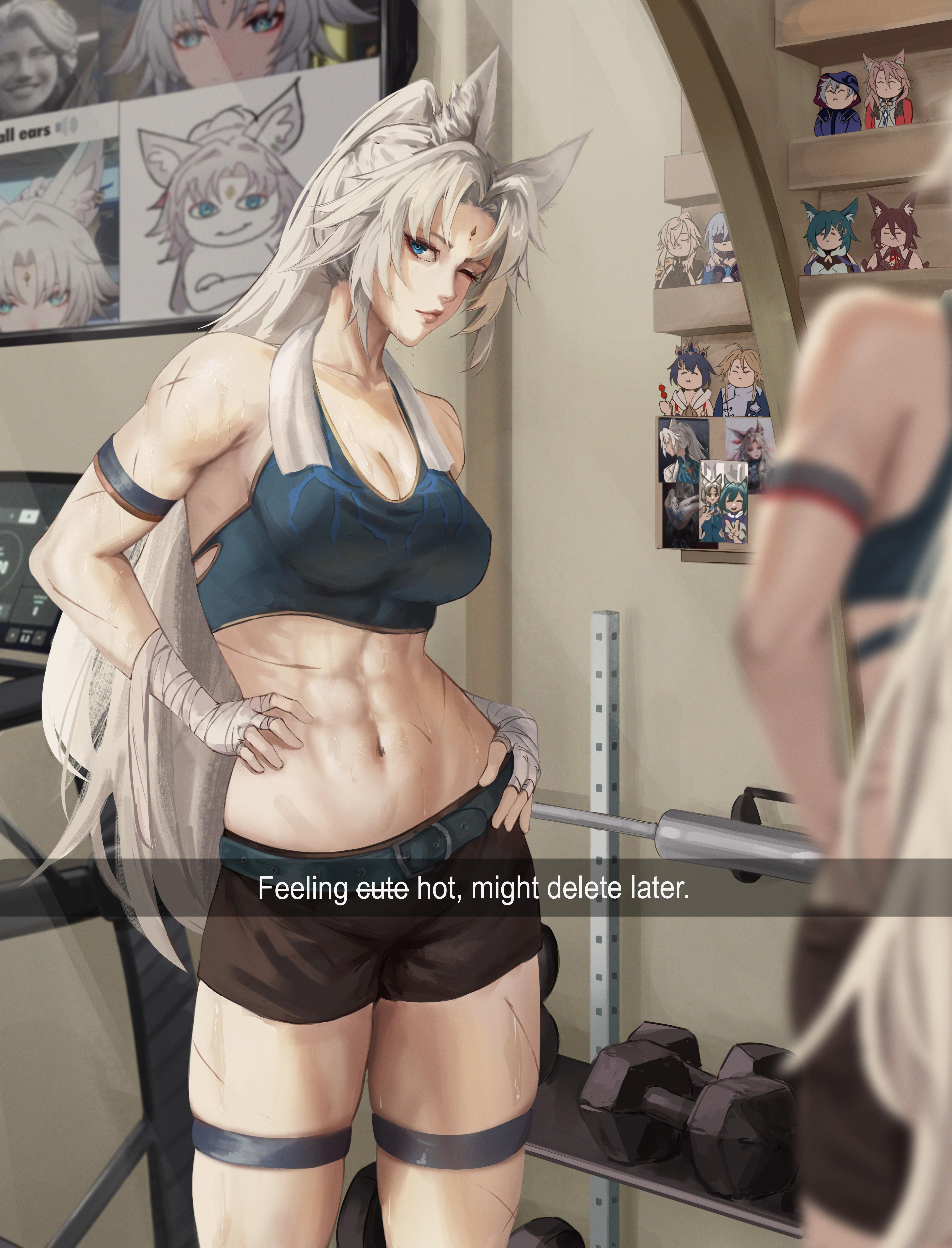 1girl absurdres animal_ears arm_strap bandaged_hand bandages bare_shoulders belt black_shorts blue_eyes breasts cleavage commentary cowboy_shot crop_top dumbbell english_commentary feixiao_(honkai:_star_rail) fox_ears highres honkai:_star_rail honkai_(series) jiaoqiu_(honkai:_star_rail) jing_yuan jingliu_(honkai:_star_rail) large_breasts long_hair looking_at_viewer luxearte midriff moze_(honkai:_star_rail) navel one_eye_closed short_shorts shorts sports_bra standing stomach thigh_strap thighs tingyun_(honkai:_star_rail) very_long_hair white_hair yanqing_(honkai:_star_rail) yukong_(honkai:_star_rail) yunli_(honkai:_star_rail)