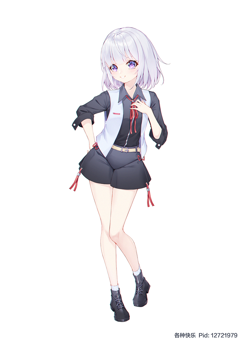 1girl aged_down alternate_costume artist_name belt black_footwear black_shirt black_shorts collared_shirt commission full_body ge_zhong_kuaile girls&#039;_frontline grey_vest hand_on_own_chest hand_on_own_hip pixiv_commission pixiv_id purple_eyes red_ribbon ribbon rpk-16_(girls&#039;_frontline) shirt short_hair shorts smile socks vest white_background white_hair white_socks