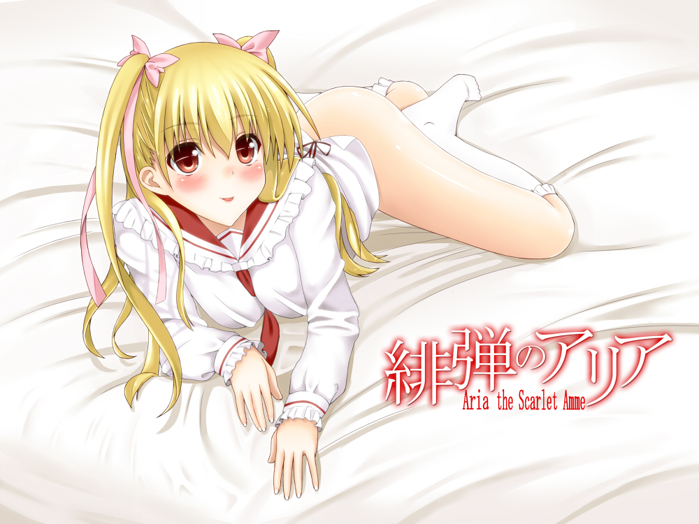 1girl ascot ascot_between_breasts ass bed_sheet between_breasts blonde_hair blush breasts collar copyright_name frilled_collar frilled_sleeves frilled_socks frills hidan_no_aria large_breasts long_hair long_sleeves looking_at_viewer lying mine_riko motokou necktie on_stomach panties red_eyes sailor_collar school_uniform socks tongue tongue_out twintails underwear