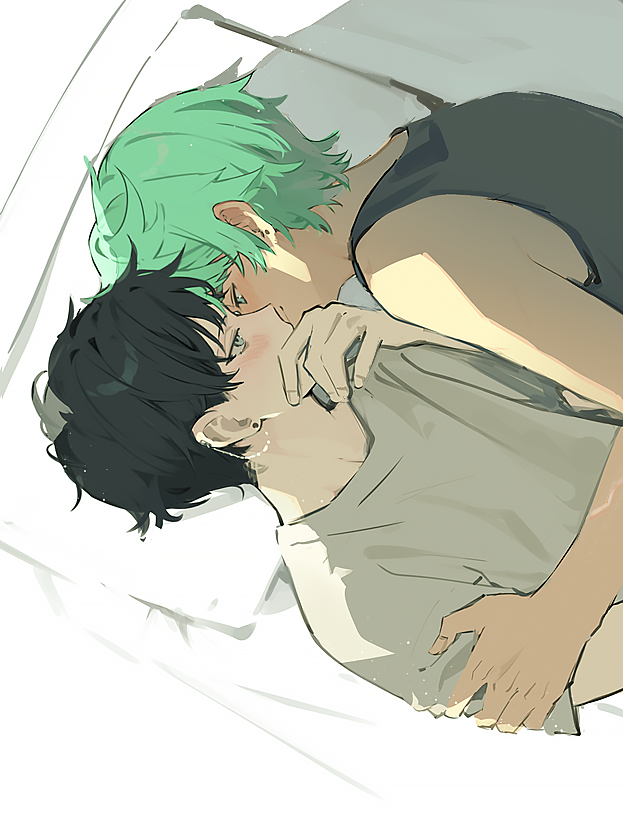 2boys black_hair black_tank_top blue_eyes cove_holden covering_own_mouth earrings green_eyes green_hair grey_shirt hand_on_another&#039;s_shoulder head_on_pillow hug implied_yaoi jewelry looking_at_another lying main_character_(our_life) male_focus multiple_boys on_back on_bed our_life:_beginnings_and_always pillow ryuuieu shirt short_hair stud_earrings t-shirt tank_top
